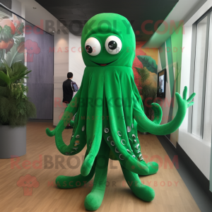 Forest Green Octopus mascot costume character dressed with a Dress and Beanies