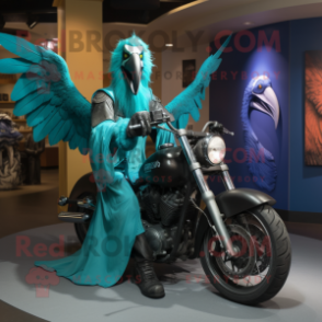 Turquoise Archeopteryx mascot costume character dressed with a Biker Jacket and Shawl pins