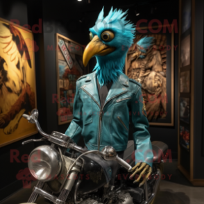 Turquoise Archeopteryx mascot costume character dressed with a Biker Jacket and Shawl pins