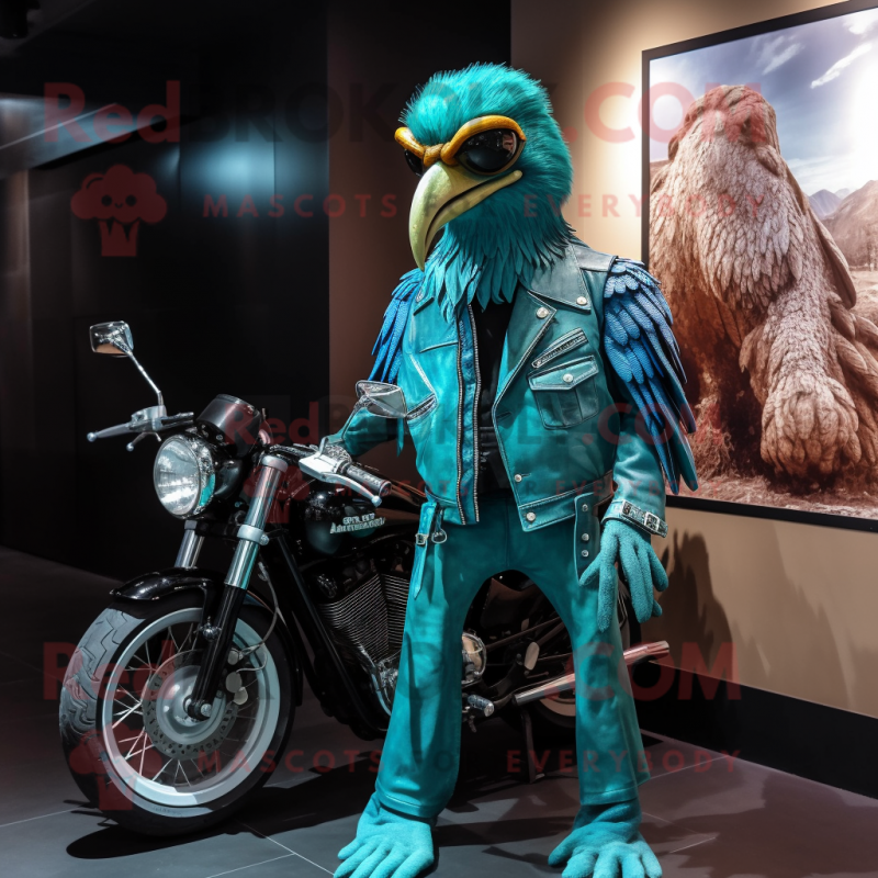 Turquoise Archeopteryx mascot costume character dressed with a Biker Jacket and Shawl pins