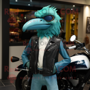 Turquoise Archeopteryx mascot costume character dressed with a Biker Jacket and Shawl pins