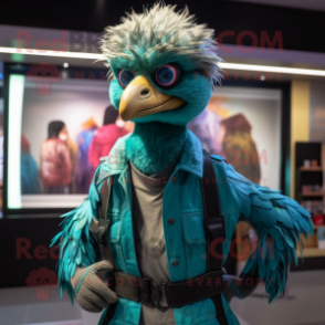 Teal Emu mascot costume character dressed with a Jacket and Belts