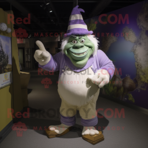 Lavender Ogre mascot costume character dressed with a Capri Pants and Hat pins