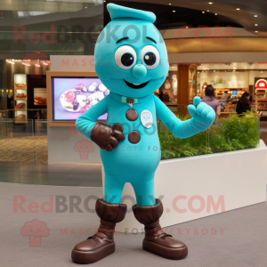 Turquoise Chocolates mascot costume character dressed with a Henley Tee and Digital watches