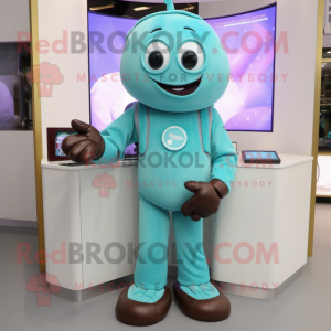 Turquoise Chocolates mascot costume character dressed with a Henley Tee and Digital watches