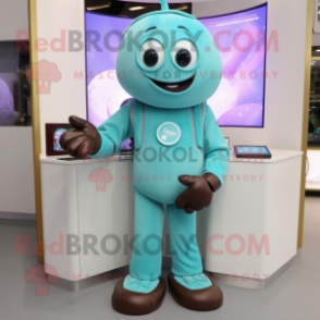 Turquoise Chocolates mascot costume character dressed with a Henley Tee and Digital watches