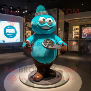 Turquoise Chocolates mascot costume character dressed with a Henley Tee and Digital watches