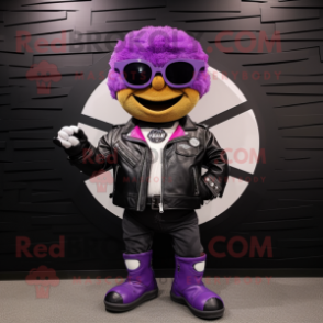 Lavender Beef Wellington mascot costume character dressed with a Biker Jacket and Bracelet watches