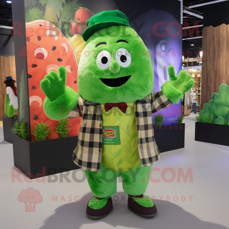 Green Zucchini mascot costume character dressed with a Flannel Shirt and Berets