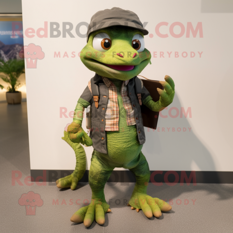 Olive Geckos mascot costume character dressed with a Flannel Shirt and Wallets