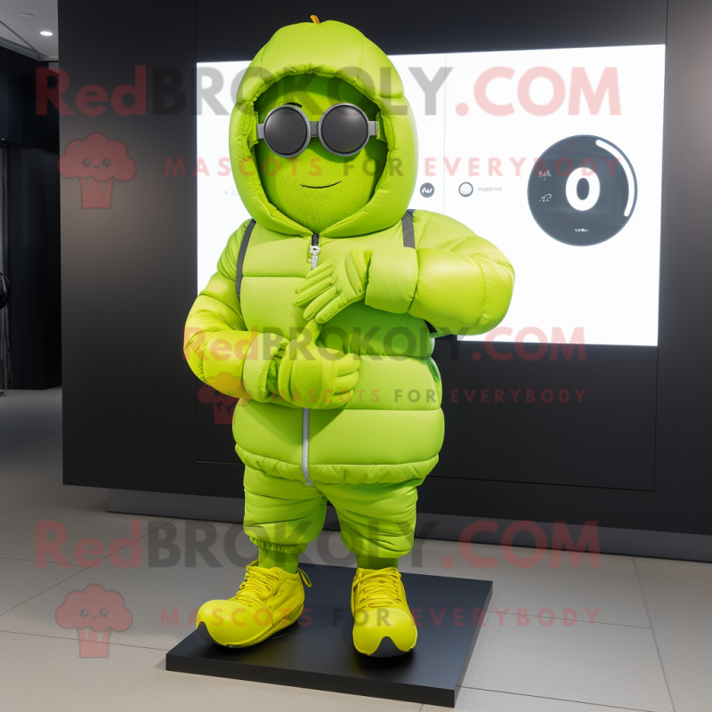 Lime Green Apple mascot costume character dressed with a Parka and Smartwatches