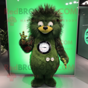 Olive Porcupine mascot costume character dressed with a Bodysuit and Bracelet watches