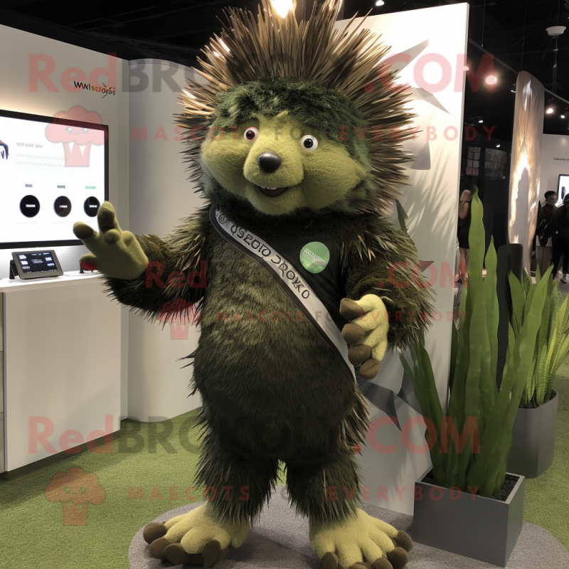 Olive Porcupine mascot costume character dressed with a Bodysuit and Bracelet watches