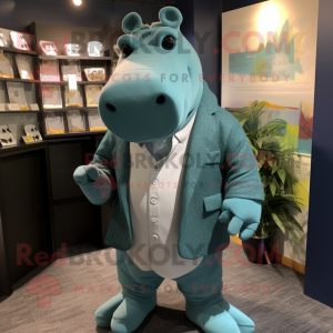 Teal Hippopotamus mascot costume character dressed with a Henley Shirt and Pocket squares