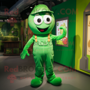 Green Pho mascot costume character dressed with a Dungarees and Shoe laces