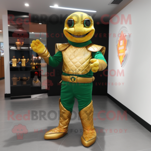 Gold Irish Flag mascot costume character dressed with a Turtleneck and Foot pads