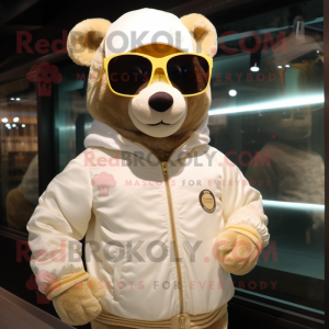 Cream Teddy Bear mascot costume character dressed with a Windbreaker and Sunglasses