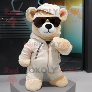 Cream Teddy Bear mascot costume character dressed with a Windbreaker and Sunglasses