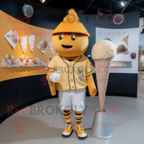 Gold Ice Cream Cone mascot costume character dressed with a Baseball Tee and Brooches