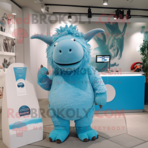 Sky Blue Woolly Rhinoceros mascot costume character dressed with a One-Piece Swimsuit and Brooches