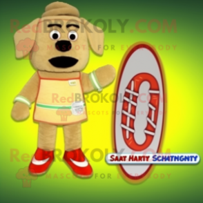 Beige Hot Dog mascot costume character dressed with a Board Shorts and Coin purses
