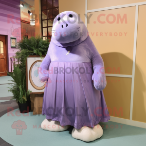 Lavender Walrus mascot costume character dressed with a A-Line Skirt and Shoe laces