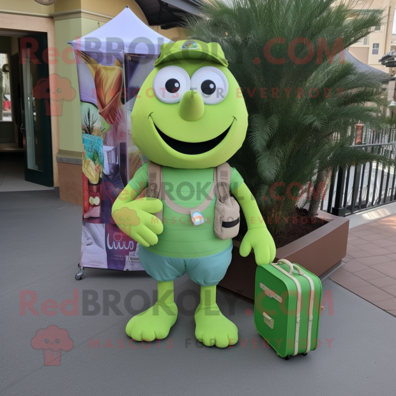 Lime Green Engagement Ring mascot costume character dressed with a Cargo Shorts and Messenger bags