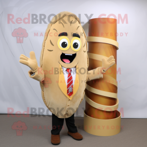 Tan Enchiladas mascot costume character dressed with a Suit Jacket and Rings