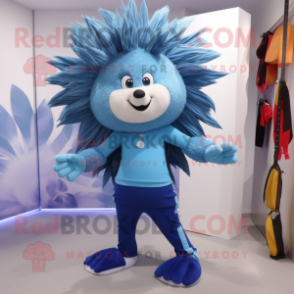 Blue Porcupine mascot costume character dressed with a Yoga Pants and Ties