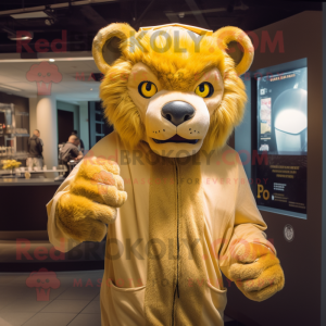 Gold Tamer Lion mascot costume character dressed with a Hoodie and Mittens