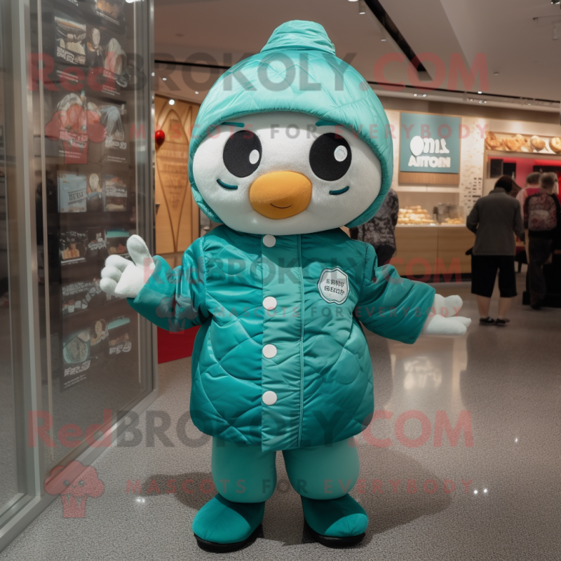 Teal Dim Sum mascot costume character dressed with a Graphic Tee and Mittens