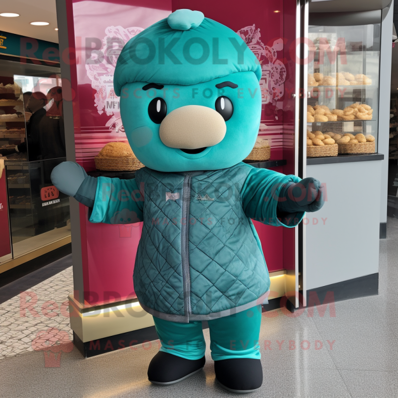 Teal Dim Sum mascot costume character dressed with a Graphic Tee and Mittens