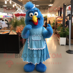 Blue Fried Chicken mascot costume character dressed with a Maxi Dress and Brooches