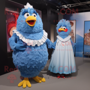 Blue Fried Chicken mascot costume character dressed with a Maxi Dress and Brooches