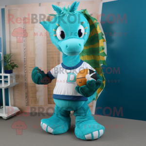 Teal Seahorse maskot kostym...