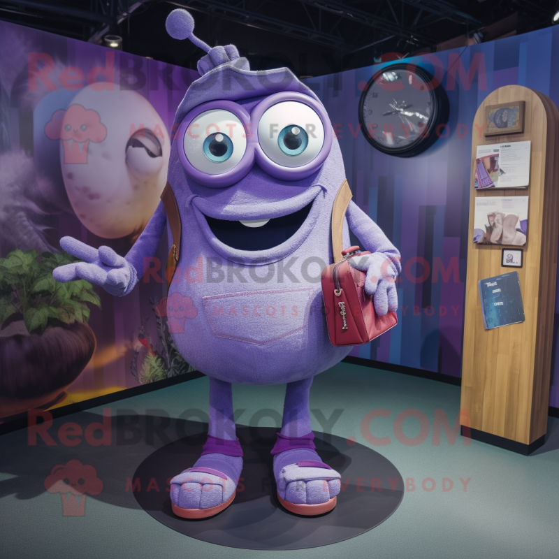 Purple Cyclops mascot costume character dressed with a Denim Shorts and Coin purses