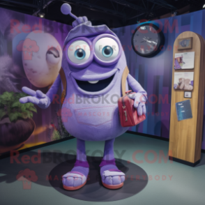 Purple Cyclops mascot costume character dressed with a Denim Shorts and Coin purses