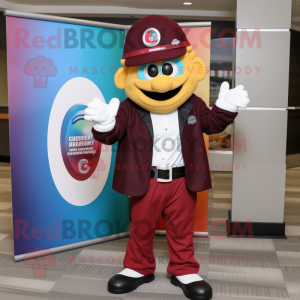 Maroon Rainbow mascot costume character dressed with a Leather Jacket and Hat pins