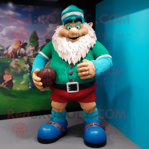 Turquoise Leprechaun mascot costume character dressed with a Rugby Shirt and Foot pads