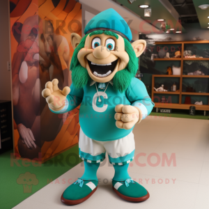 Turquoise Leprechaun mascot costume character dressed with a Rugby Shirt and Foot pads