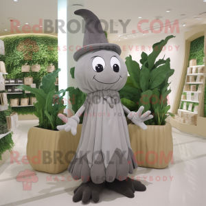 Gray Beanstalk mascot costume character dressed with a Sheath Dress and Clutch bags