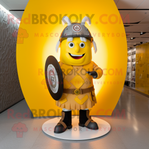 Yellow Celtic Shield mascot costume character dressed with a Skinny Jeans and Caps