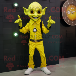 Lemon Yellow Vampire mascot costume character dressed with a Polo Shirt and Digital watches