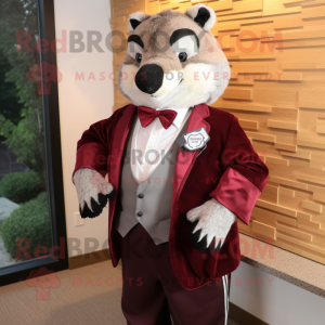 Maroon Badger mascot costume character dressed with a Blazer and Bow ties