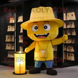 Gold Scented Candle mascot costume character dressed with a Bermuda Shorts and Hats