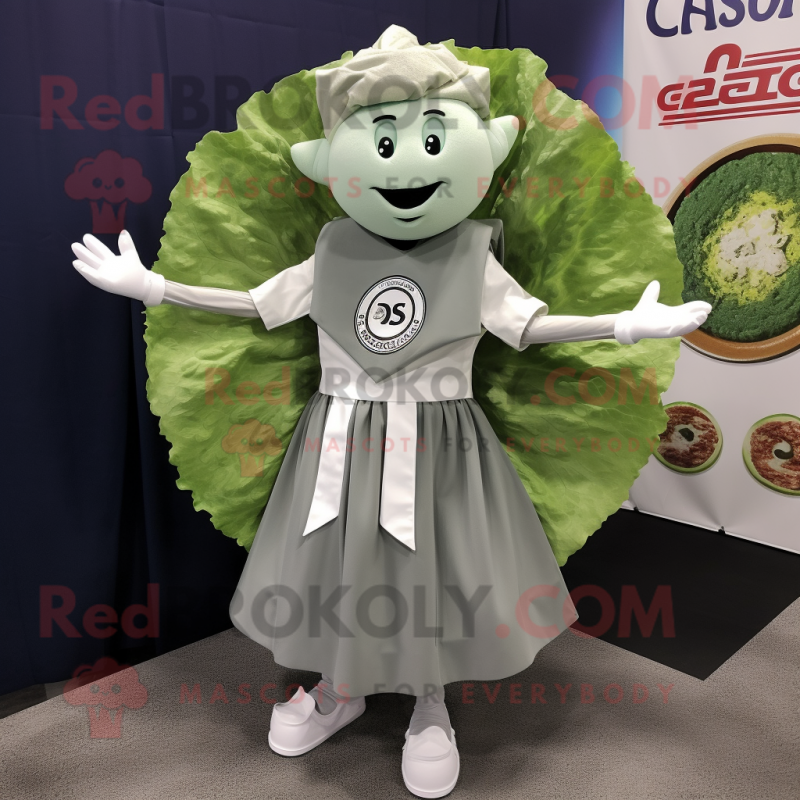 Gray Caesar Salad mascot costume character dressed with a Circle Skirt and Pocket squares