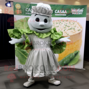 Gray Caesar Salad mascot costume character dressed with a Circle Skirt and Pocket squares