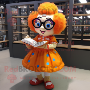 Orange Clown mascot costume character dressed with a Mini Dress and Reading glasses