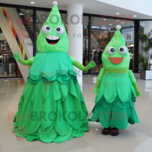 Forest Green Ice Cream Cone mascot costume character dressed with a Evening Gown and Backpacks