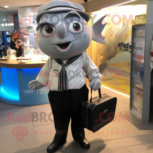 Silver Fish And Chips mascot costume character dressed with a Blouse and Briefcases